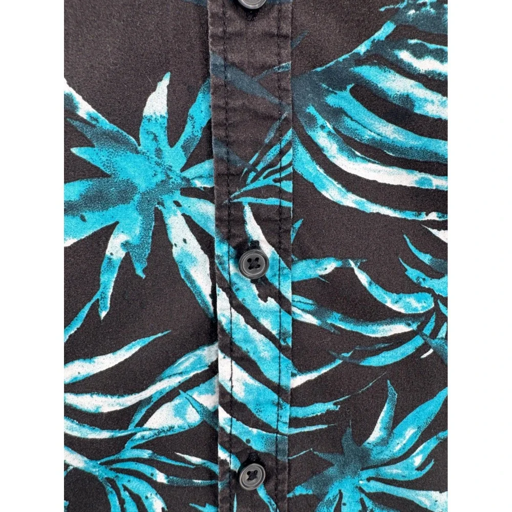 Vans Mens Tailored Fit Short Sleeve Button Down Shirt Teal Black Palm Leaf Med‎